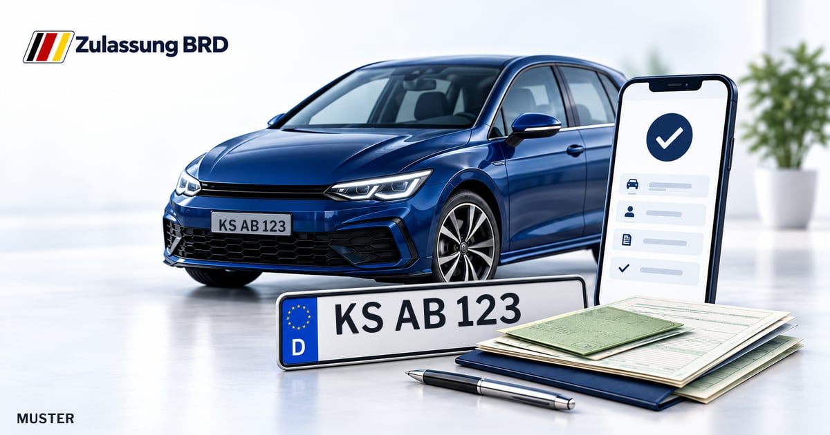 Online Fahrzeugzulassung in Habichtswald: Musterkennzeichen KS AB 123, Auto und Fahrzeugpapiere und Smartphone. Illustration mit Logo von Zulassung BRD.